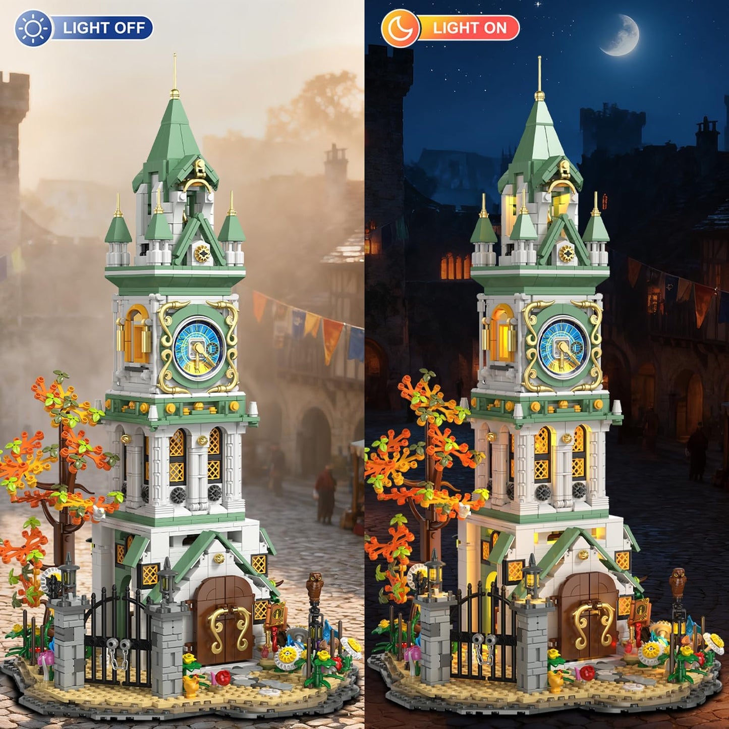 INSOON Magic Clock Tower Building Set with Light, 1566 PCS Big Medieval Castle House Construction Model with Owl & Garden, Home Decor Building Block Kit, Gift for Mothers Adults Teens Boys Girls 12+