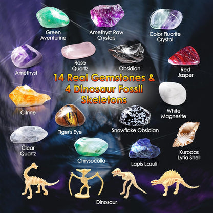 UNGLINGA Gemstone Excavation Gem Rock Dig Science Experiments Kit for Kids, Excavate 15 Gems and 4 Plastic Dinosaur Fossil Skeletons, Christmas Birthday Toys Gifts Idea for Girls and Boys