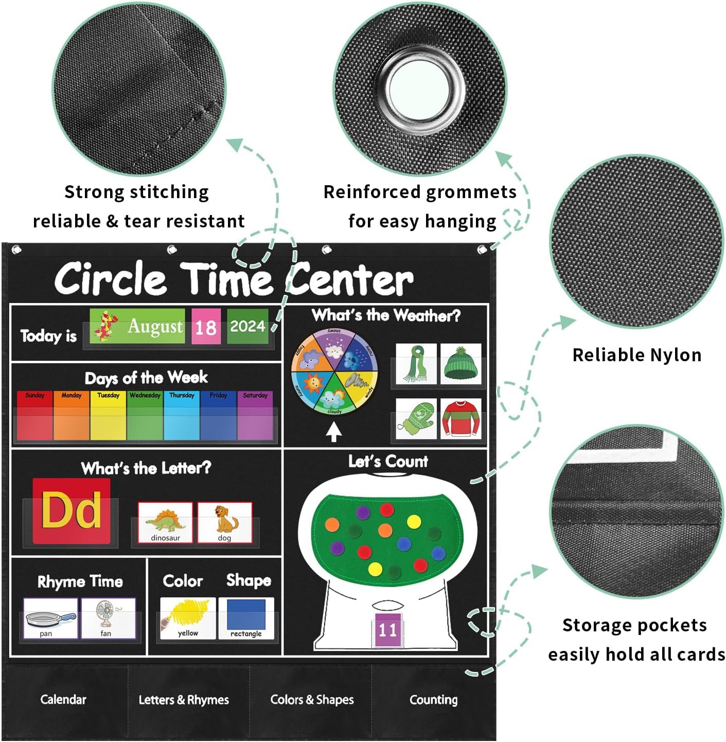 Circle Time Learning Center Pocket Chart for Classroom, Dry Erase Alphabet & Number Flash Cards, Write ABC Letter Tracing Writing Practice Games for Kids, Learning Weather Counting Color Shape