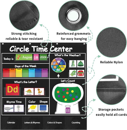 Circle Time Learning Center Pocket Chart for Classroom, Dry Erase Alphabet & Number Flash Cards, Write ABC Letter Tracing Writing Practice Games for Kids, Learning Weather Counting Color Shape