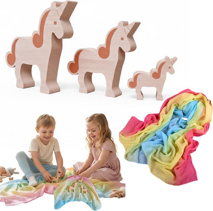 Wooden Animal Toys Unicorn Family with Play Silk for Kids Nursery Gift Preschool Wooden Building Blocks Play Set Fine Motor Montessori Game