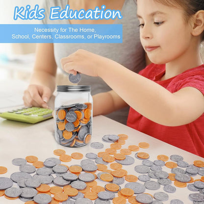 Play Money Coins for Kids, 250pcs Detailed Fake Money Coins with Coin Mason Jar, Realistic Teaching Pretend Money Coins Set, Plastic Toy Prop Money Coins for Kids Learning Education