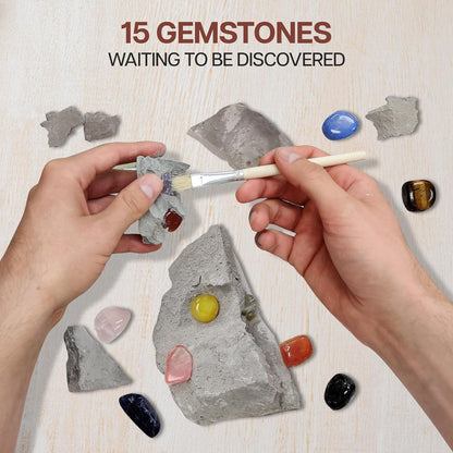 Nature Gear Gemstone Dig Kit for Kids, Educational Crystal Excavation Kit with 15 Mystery Gems, Interactive Adventure Fossil Mining Toy for Kids Age 3-5 and Up