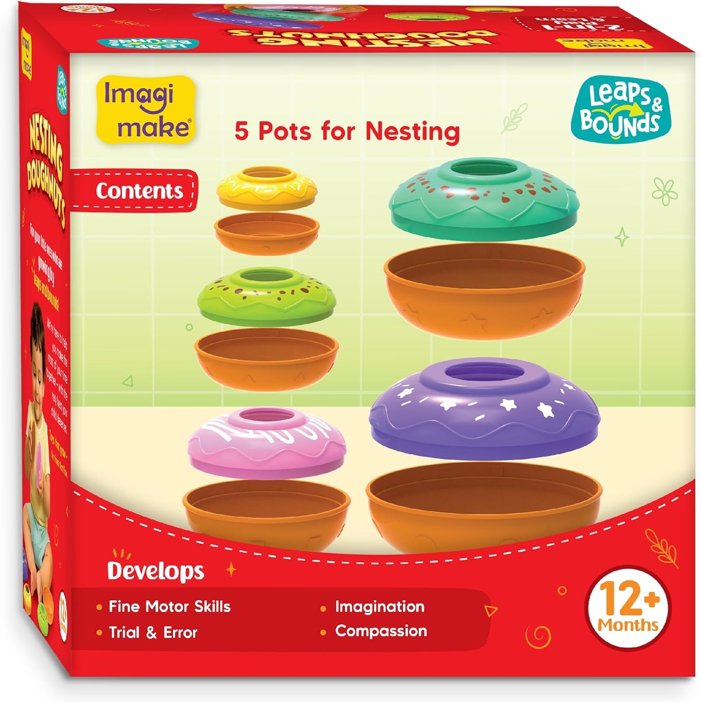 Imagimake Stacking Pots Toys | Leaps & Bounds 6+ Month Old Baby Toy | Learning Toy for Infant & Toddler | 5-in-1 Play & Learn | Stacking, Nesting, Pretend Play | First Birthday Gifts for Girls & Boys