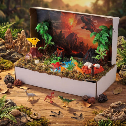Teyva Daily 48 Pcs Dinosaur Diorama Kit Habitat Project Box Set 3D Dinosaurs Diorama Supplies Include Dinosaurs Model Figures & Eggs Volcano Artificial Trees with Cardboard for DIY Crafts Gifts