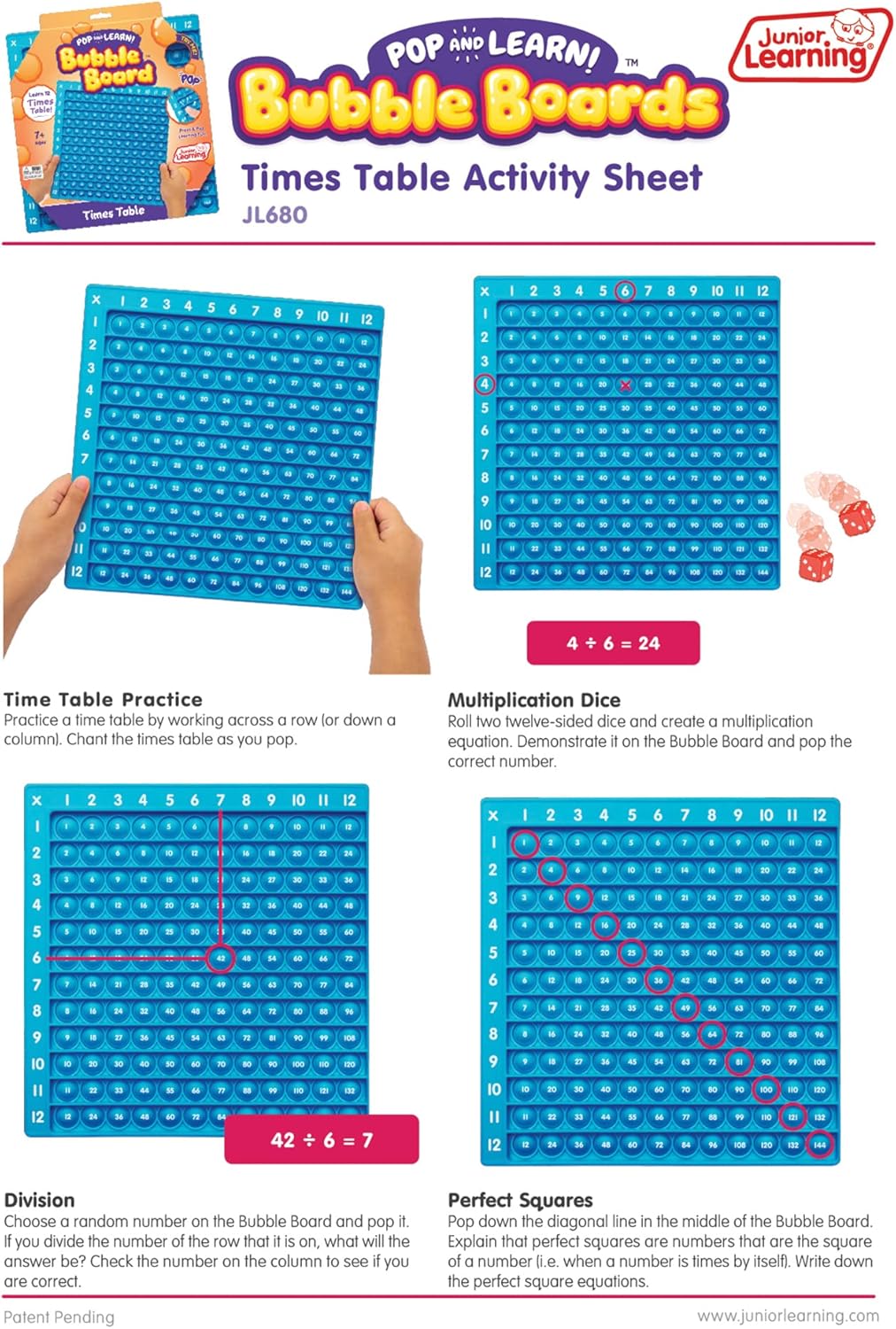 Junior Learning Times Table Bubble Board, Multicolor (JL680), Medium