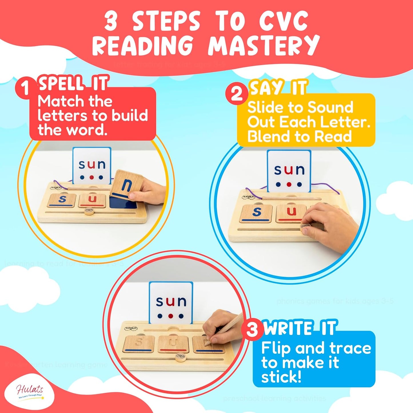 CVC Word Magic: Montessori Reading Game for Kindergarten Phonics Mastery, Learn to Read & Write 50 Sight Words for Toddlers 2-4 Years, Montessori Toy for 2+ Year Old, Letter Tracing Tiles, Flash Cards