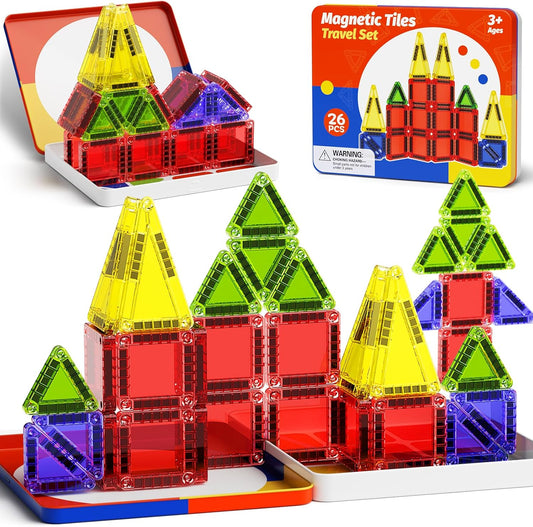 Magnetic Tiles Travel Toys with Storage Case, Portable STEM Building Blocks for 3-8 Year Olds, Toddler Airplane Activities & On-The-Go Birthday Gift for Boys & Girls