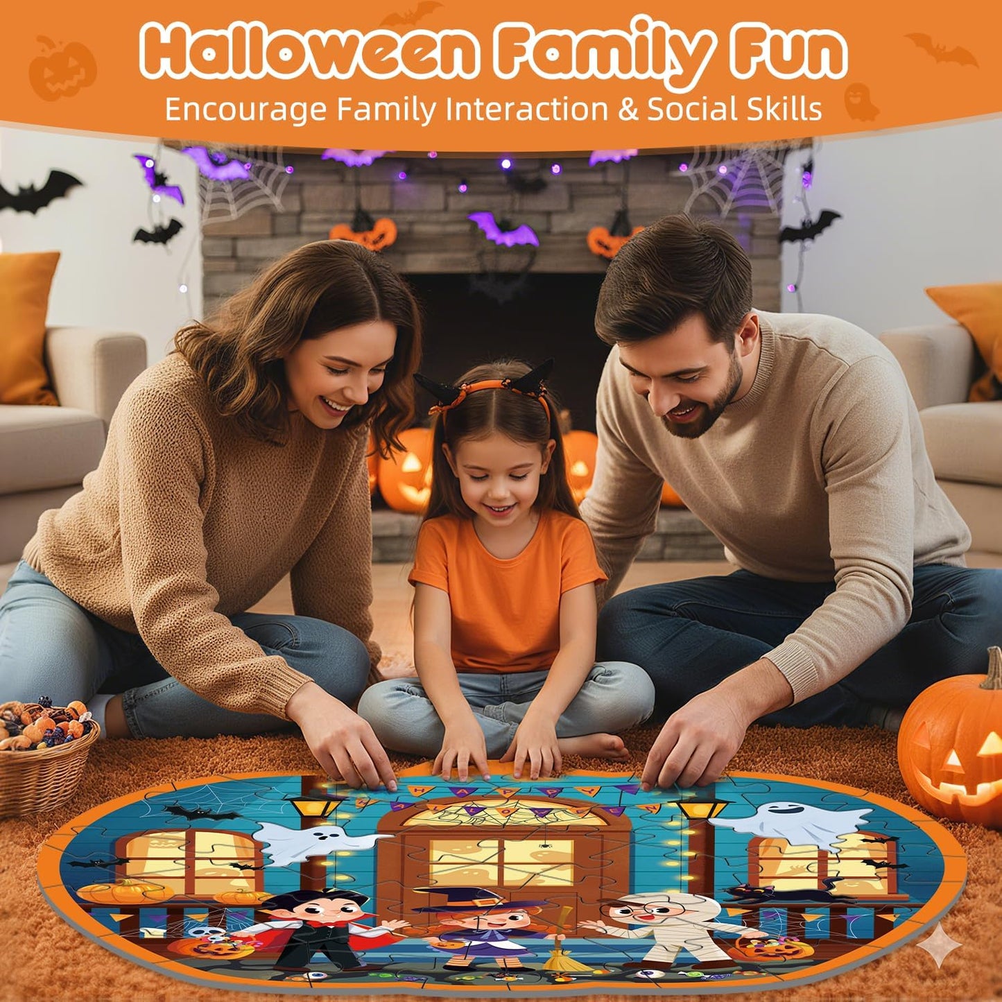 45 Pcs Halloween Floor Puzzle for Kids Age 4-8, Jumbo Pumpkin Jigsaw Puzzles Halloween Boo Basket Gifts Stuffers for Kids Girls Boys
