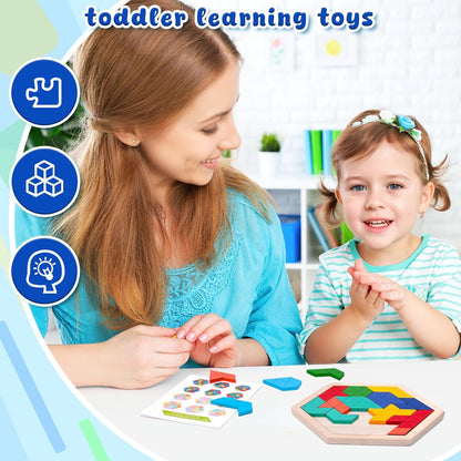 3 otters Wooden Puzzles for Kids, Educational Brain Teaser Game, Shape Sorting Board with Guide Book, Montessori Learning Toys