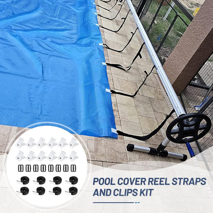 Solar Cover Reel Attachment Kit, Pool Cover Reel Straps and Clips for Inground Swimming Pool - Including 12 Cord Plates, 8 Adhesive Nylon Straps & Tabs, 8 Buckles