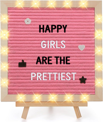 Changeable Felt Letter Board with LED Lights - 10×10" Message Custom Signs & Wood Stand & 450 Letters, Poster Board for Baby/Pregnancy Announcement/Classroom Wall Graduation Decor Gifts, Camel