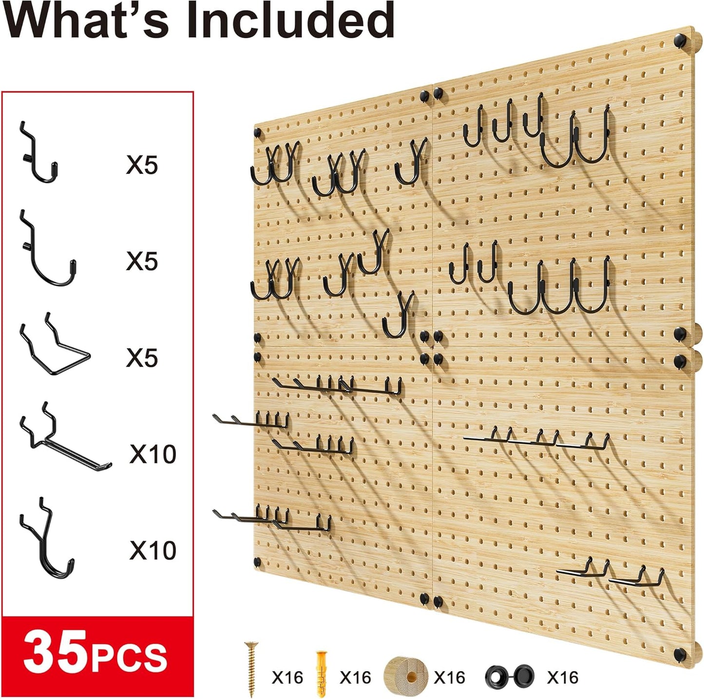 VOIMO Bamboo Pegboard Organizer Set, 6 Panels (16"x12") with 48 Hooks – Eco-Friendly Wall Mounted Storage Rack for Tools, Crafts & Office – Natural Bamboo Pegboard System with Accessories