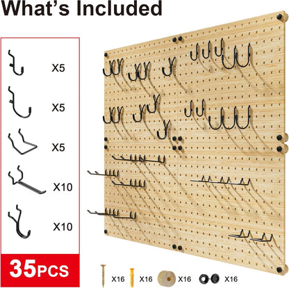 VOIMO Bamboo Pegboard Organizer Set, 6 Panels (16"x12") with 48 Hooks – Eco-Friendly Wall Mounted Storage Rack for Tools, Crafts & Office – Natural Bamboo Pegboard System with Accessories