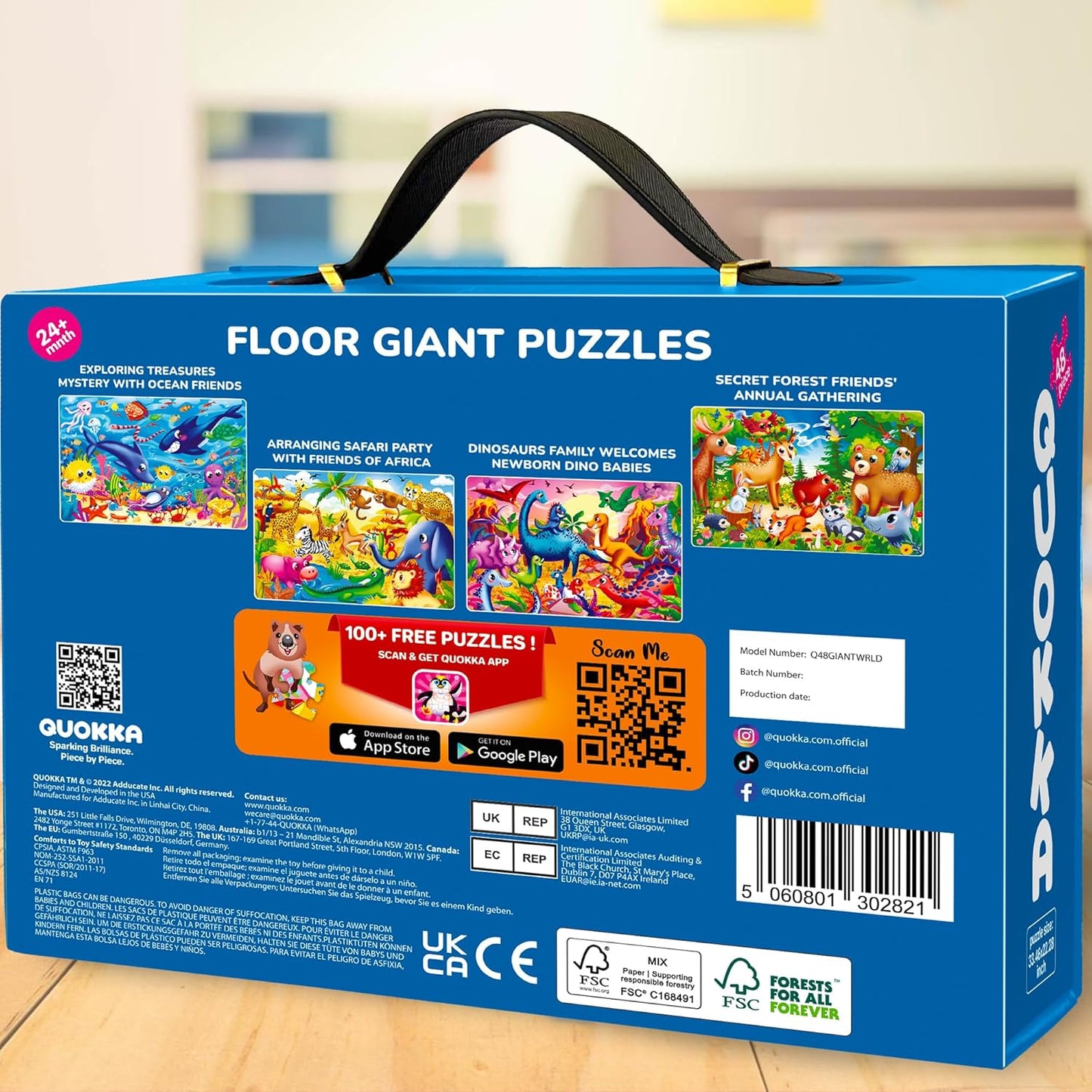 QUOKKA Giant Floor Puzzle for Kids Ages 4-6 – 2x3 Feet Extra-Thick 48 Pieces Toddler Puzzle Ages 3-5 – USA Map Educational Activity for Boys Girls – Premium Box with Sturdy Handle & Magnetic Closure