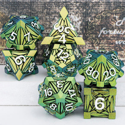 7PCS Metal DND Dice Set with Box, Debris RPG Blue White D and D Dice for D&D Tabletop Games Role Playing Game Polyhedral Dice Set D20 D12 D10 D8 D6 D4