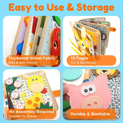 Felt Busy Book for Toddlers 1-3, Montessori Busy Board for 1 Year Old, Quiet Book Airplane Travel Toys, Sensory Early Learning Educational Toy, Road Trip Activity Books, Girls Birthday Gifts