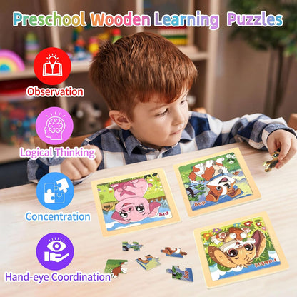 Wooden Animals Puzzles for Toddlers 2-4, 8 Pack 9 PCS Jigsaw Puzzles for Kids 2-4, Wooden Puzzles for Toddlers 3-5, Animal Puzzles for Kids 3-5, Preschool Puzzles Learning Educational Sets Toys