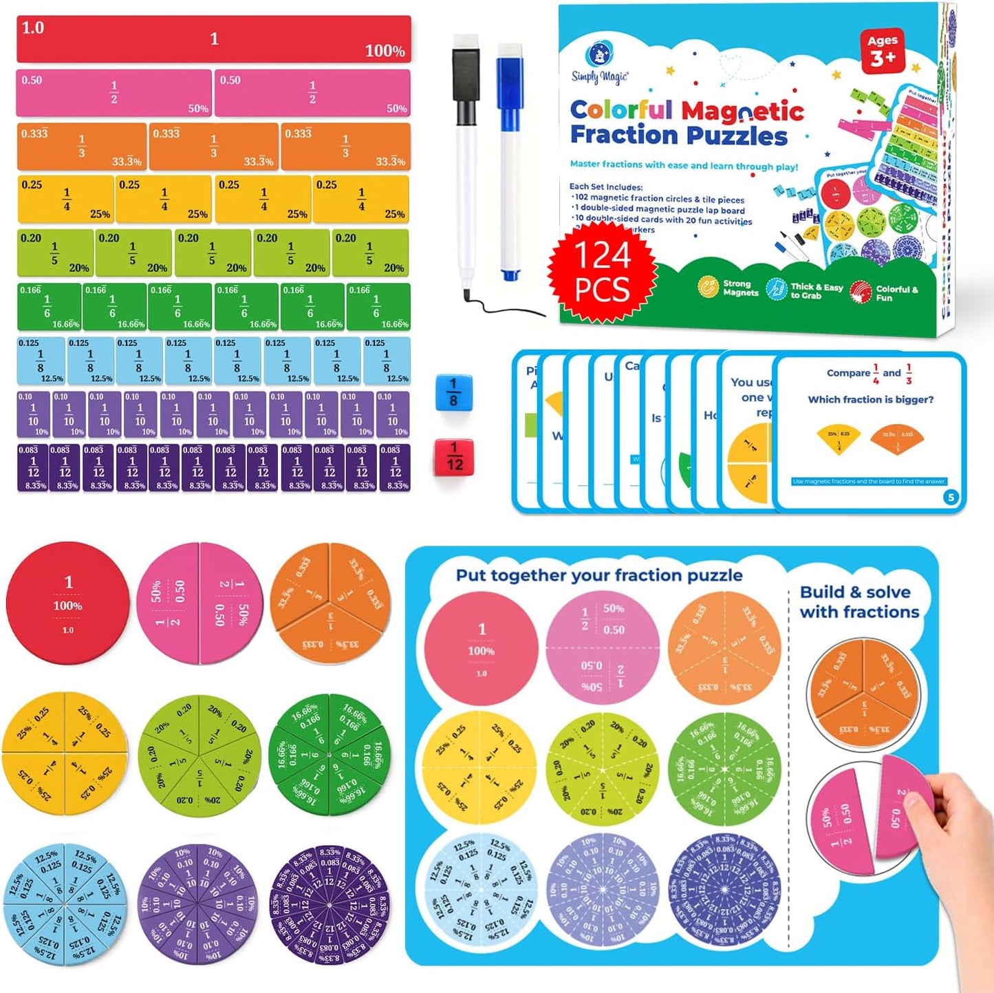 Simply magic 117 PCS Magnetic Fraction Puzzle with Tiles & Circles - Educational Fraction Magnets, Strips, Fraction Manipulatives with Decimals & Percentages for Elementary School & Homeschool