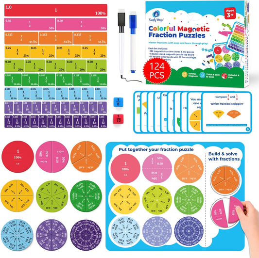 Simply magic 117 PCS Magnetic Fraction Puzzle with Tiles & Circles - Educational Fraction Magnets, Strips, Fraction Manipulatives with Decimals & Percentages for Elementary School & Homeschool