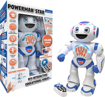 LEXiBOOK Powerman Max - Remote Control Walking Talking Toy Robot STEM Programmable Dances Sings Telling 10,000 Stories 300+ Learning Quiz Shooting Discs and Voice Repeat for Kids 4+ - ROB80EN, White