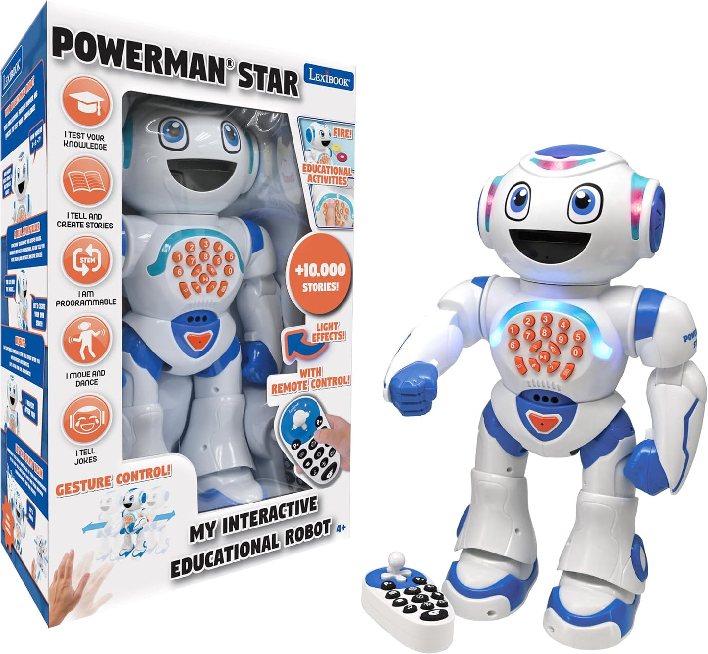 LEXiBOOK, Powerman Neo, My Robot Full of Technology, Remote Control and Gesture Control, Educational Activities in English, Programmable, Music and Dance, Sound and Light Effects, Blue/White, ROB18EN