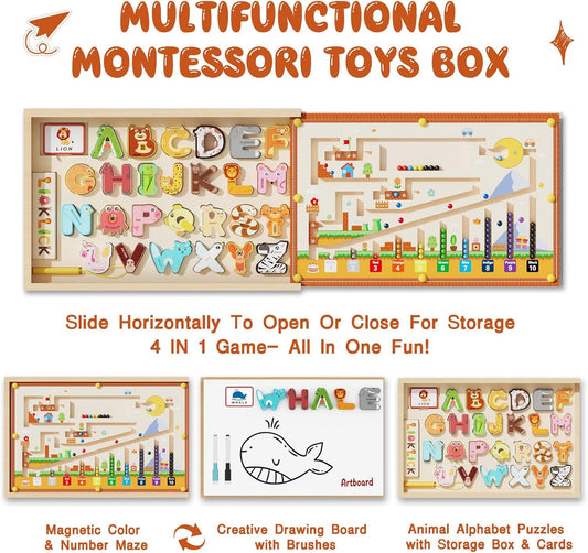 4-in-1 Magnetic Color and Number Maze, ABC Animal Alphabet Puzzles with Drawing Board, Wooden Montessori Toy Storage Box for 3-5 Year Old, Toddler Educational Learning Toy for Kids Boys Girls