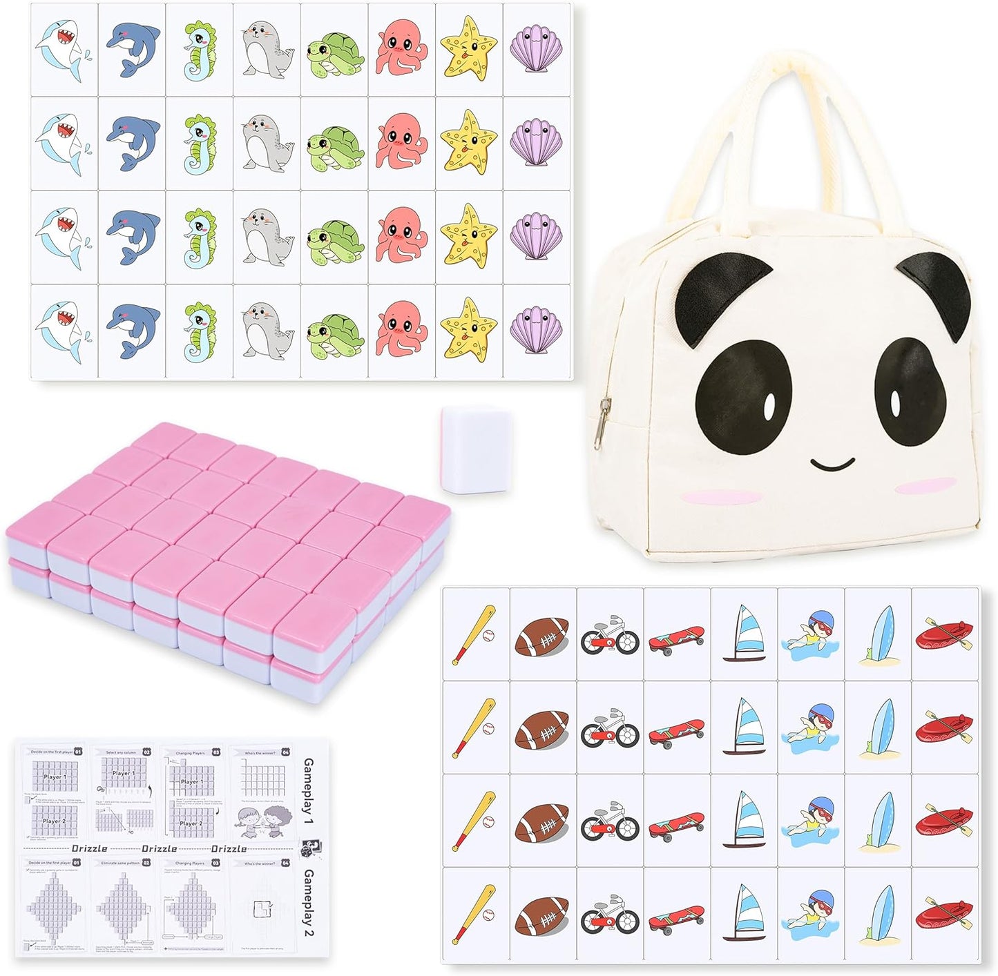 drizzle 65 Tiles Seaside Escape Blocks Game 30mm - Instruction Manual Panda Bag - National Flag & Vegetables Patterns