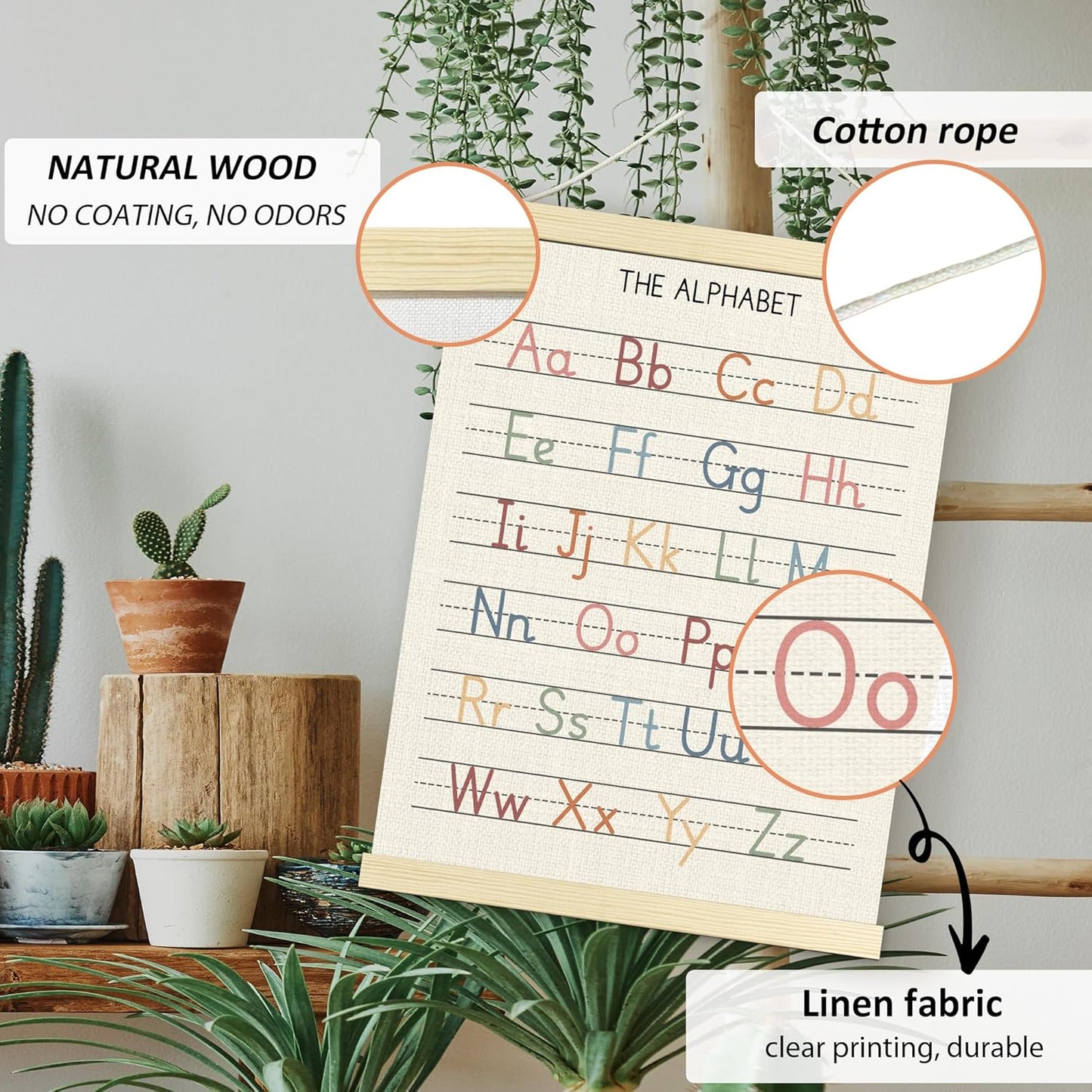 BONETAT Numbers alphabet poster for Nursery Toddlers, Play Room Wall Decor, ABC Wall Chart, Wall Hanging Decor for Toddler Playroom Decor Kids Wall Decor, Wooden Alphabet Banner-A02