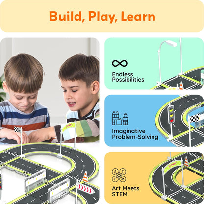 PicassoTiles Magnetic Tiles Race Track Car Thrilling Toy Playset Includes 2 Racing Trucks STEM Educational Magnet Tile Building Block Construction Set for Toddlers Boys Girls Ages 3 and Older PTR30