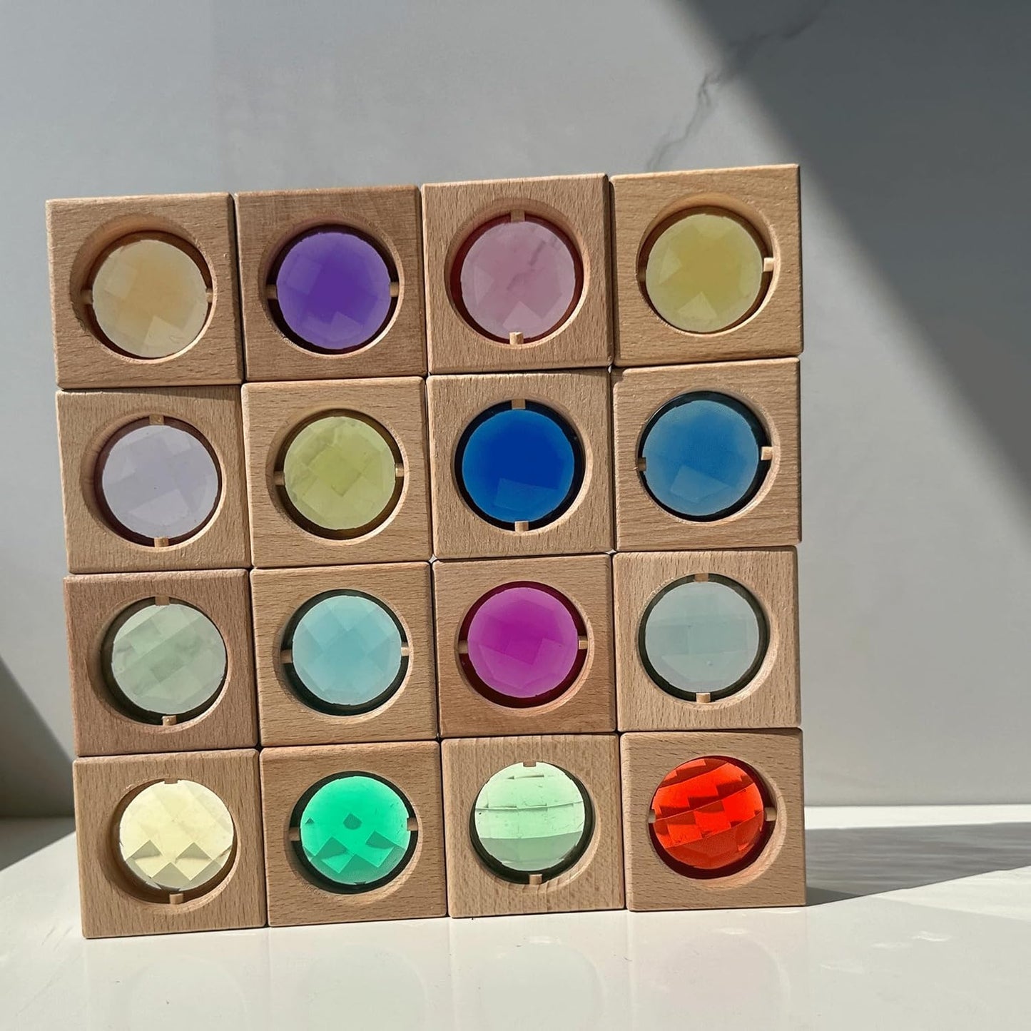 20PCS Wooden Gem Blocks Stacking Toys,Colorful Acrylic Windows Blocks, Rainbow Crystal Acrylic Building Cubes Educational Sensory Training Crystal Toys (20PCS Round Gem Blocks)
