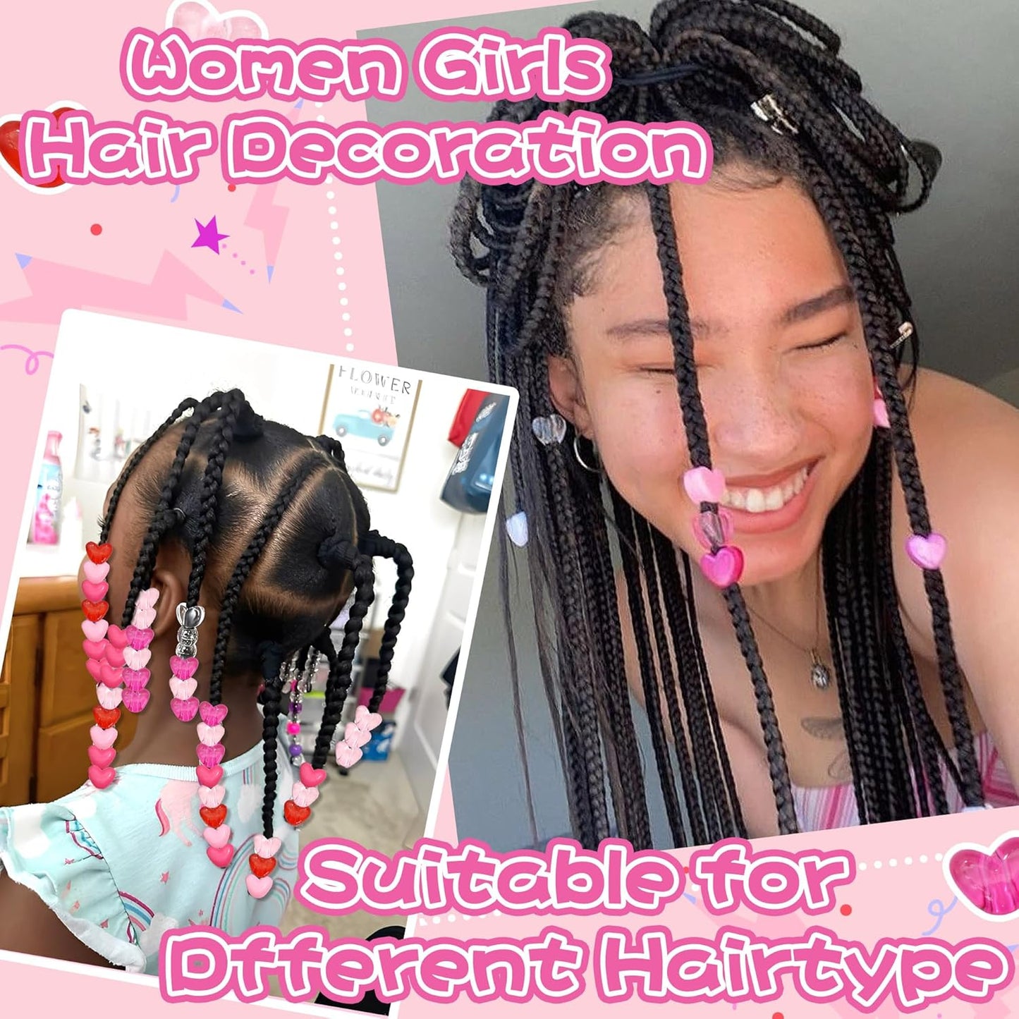 90PCS Heart Hair Beads for Braids Blue Pink Loc Dreadlock Valentine's Day Bead Accessories Purple Cute Acrylic Heart Shape Beads for Kids Girls