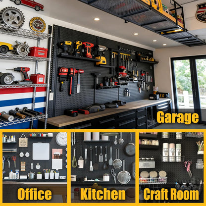 Spampur Peg Board, 4 Pack Metal Pegboard Panels with 50 Hooks, Black Pegboards Wall Organizer, Heavy Duty Peg Board for Walls Home, Garage Tool Storage, Office Organization, Craft Room, Kitchen