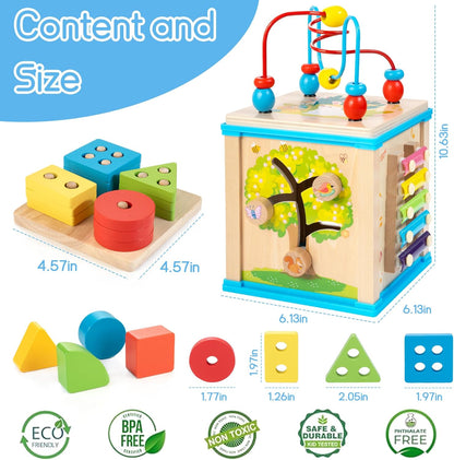WOODMAM Wooden 7-in-1 Activity Cube| Montessori Toys for 1 Year Old Toddlers| Baby Educational Developmental Toys |One Year Old Boys Girls First Birthday Gifts |Bonus Sorting & Stacking Board