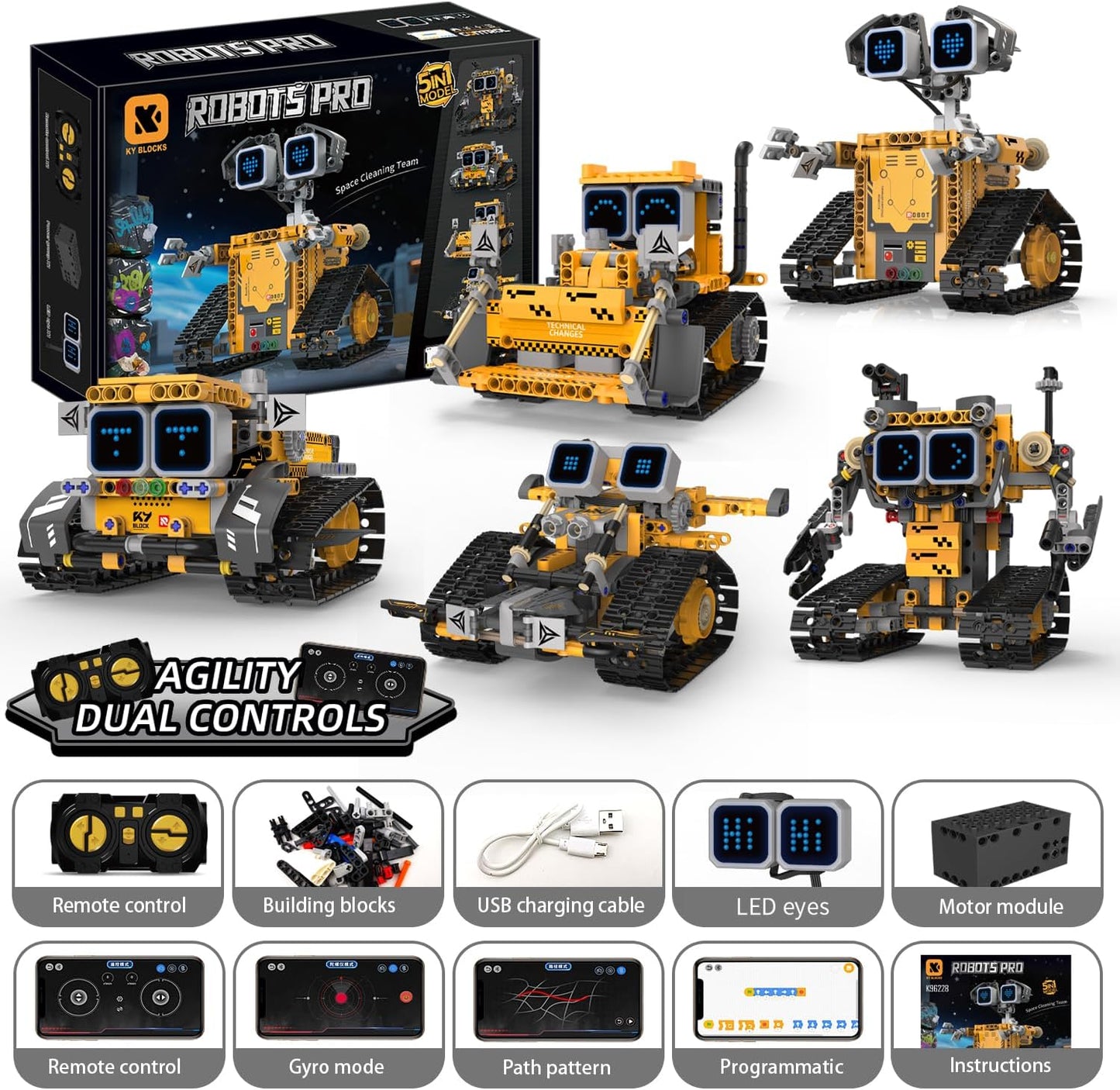 Gohero Robot Building Kit，5 in 1 STEM Toys for Boys Toys Age 8-10 with Remote & App Control，Robotics Technic Kits with 16 LED Expressions，Christmas & Birthday Gifts for Teen Boys & Grils (373 PCS)