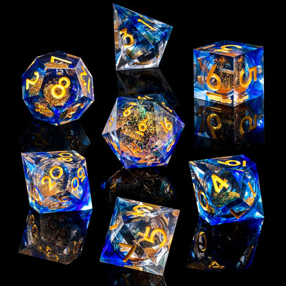 Liquid Core DND Dice Set, 7pcs Sharp Edge Dice for Role Playing Dungeons and Dragons Ttrpg with Gift Box, Handmade Resin D&D Dice RPG Role Playing Games Dice Set(Blue Gold)