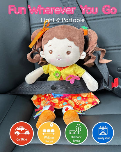 LeyaDoll Soft Bady Educational Soft Baby Doll(16''), Learning Sensory Doll for Toddlers, Montessori Toys for 2-Year-Old Girls Christmas, Birthday Gifts, Plush Doll with Button-Busy Cupcake-Girl