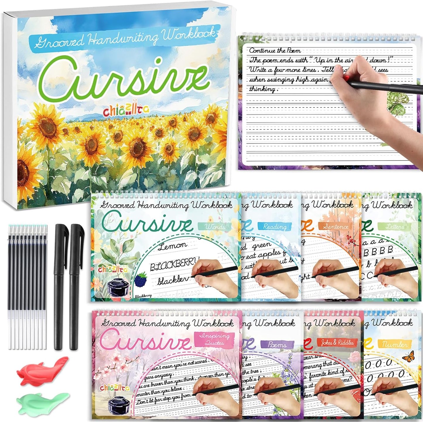 chiazllta 8 Pack Grooved Cursive Handwriting Workbook with Disappearing Ink Pens Magic Grooved Cursive Reusable Handwriting Practice Books Copybooks for Kids Beginners Learning Activities Supplies
