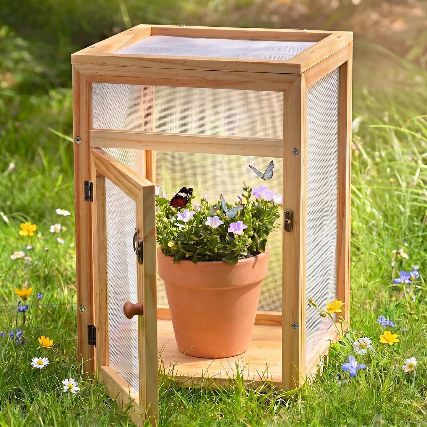 Bucherry Wooden Butterfly Habitat Cage Kit 15.7 Inch Monarch Caterpillar Enclosure with Mesh Tent & Wood Frame, Detachable Insect Observation House for Kids Outdoor Garden