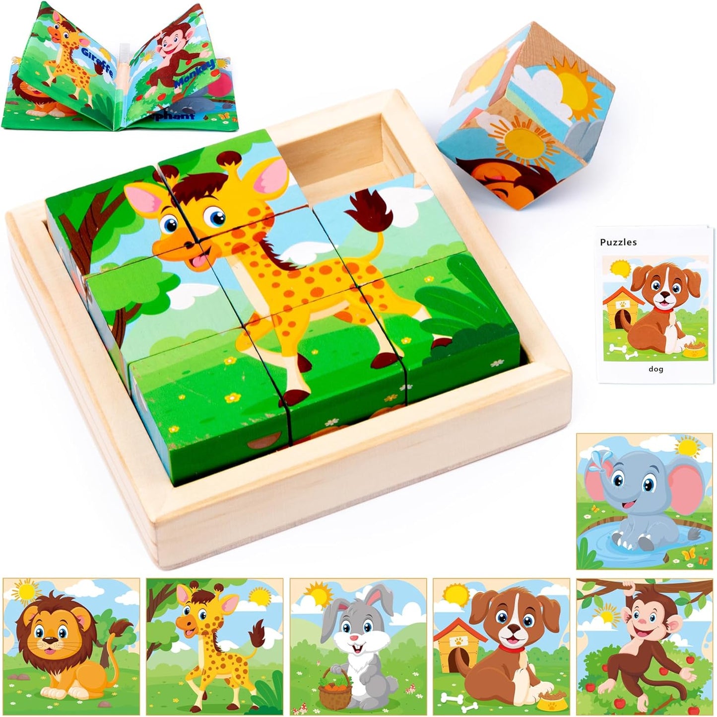 Wooden Dinosaur Block Puzzles for Kids Ages 3-5 with Baby Book, Jigsaw Puzzles Preschool Educational Interactive Toys Gift for Boys Girls, Wood Dino Cube Puzzles for Toddlers 2 3 4 5 6 Years Old
