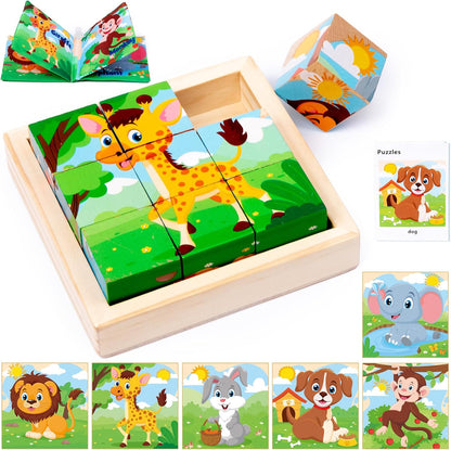 Wooden Dinosaur Block Puzzles for Kids Ages 3-5 with Baby Book, Jigsaw Puzzles Preschool Educational Interactive Toys Gift for Boys Girls, Wood Dino Cube Puzzles for Toddlers 2 3 4 5 6 Years Old