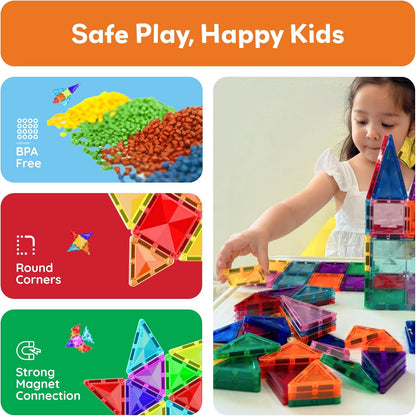 PicassoTiles 80 PCs Magnetic Tiles Travel Size Mini Version Building Block Construction Set for Kids Great Gift Ages 3+ Boys & Girls Preschool Kindergarten Montessori Playing Toys Stacking Fun PTM80