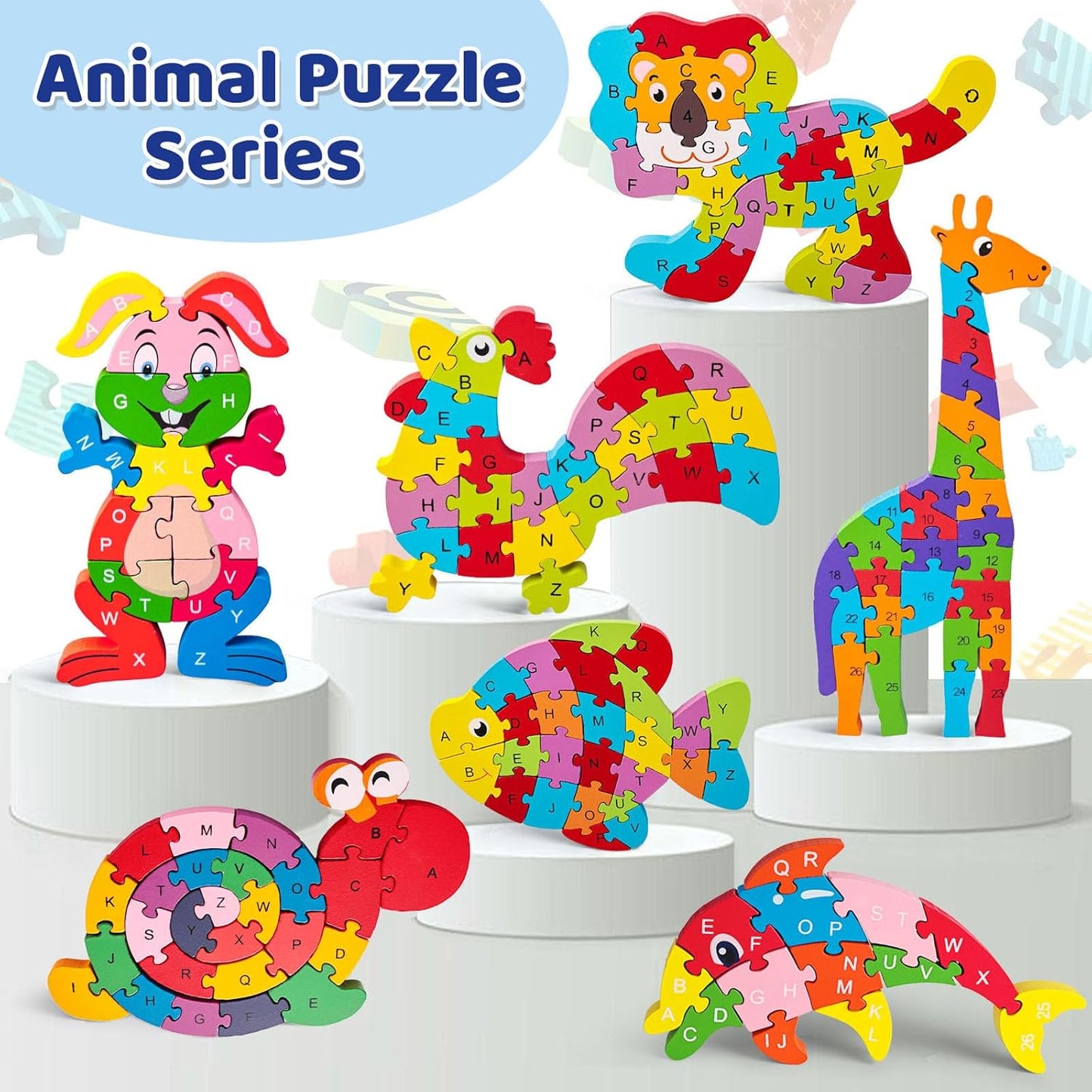 LovesTown Wooden Puzzles for Kids, Double Sided Giraffe Jigsaw with Alphabet & Numbers, Montessori Educational Toy for Toddlers, Chunky Animal Gift