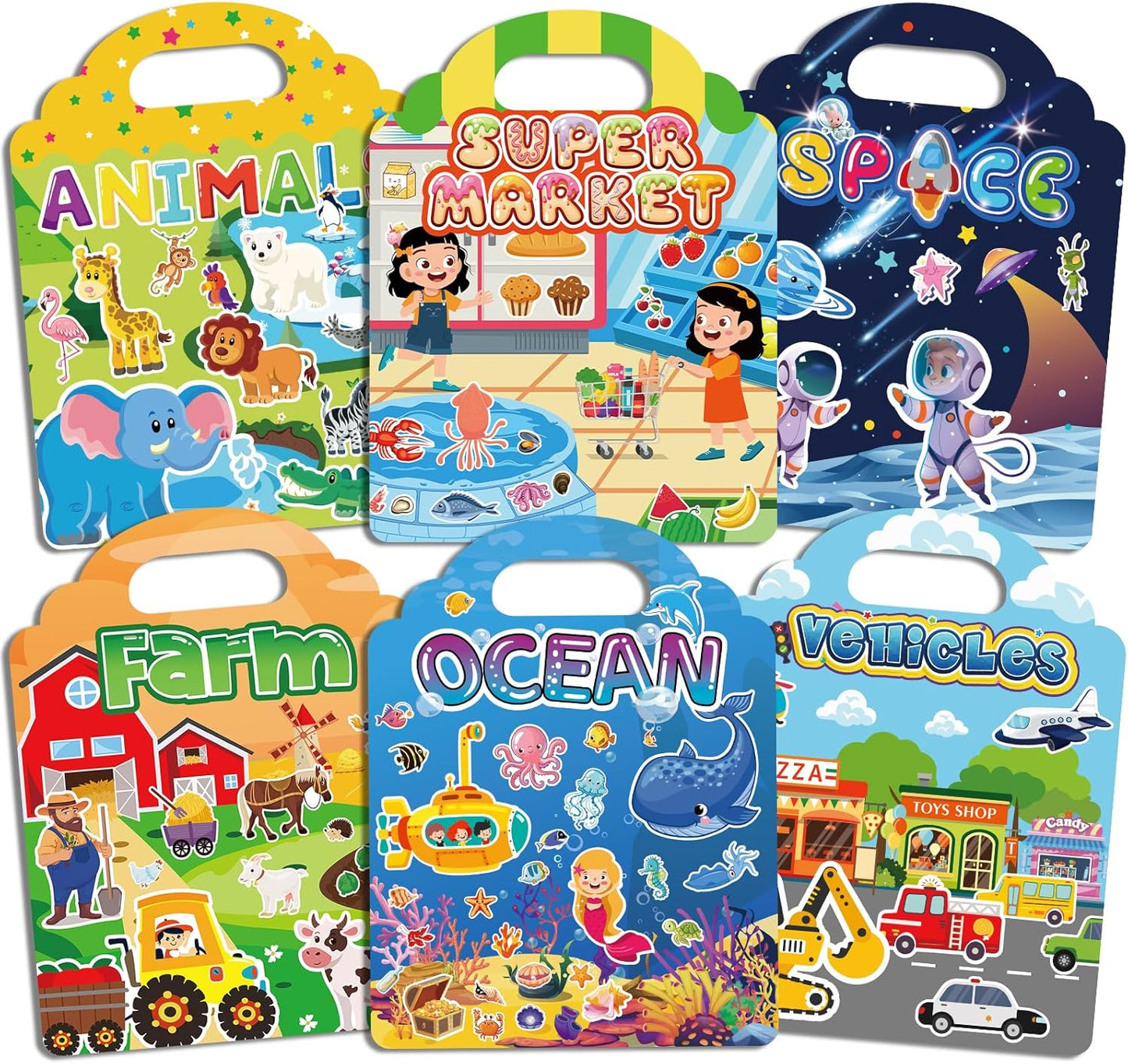 6 Sets Reusable Sticker Book for Toddlers 1-3, Jelly Sticker Books for Childs 1 2 3 Years, Toddler Travel Toys for Ages 1-3 Boys & Girls