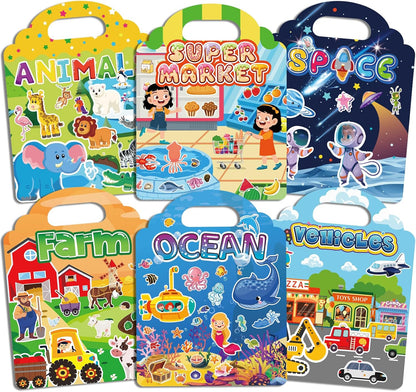 6 Sets Reusable Sticker Book for Toddlers 1-3, Jelly Sticker Books for Childs 1 2 3 Years, Toddler Travel Toys for Ages 1-3 Boys & Girls