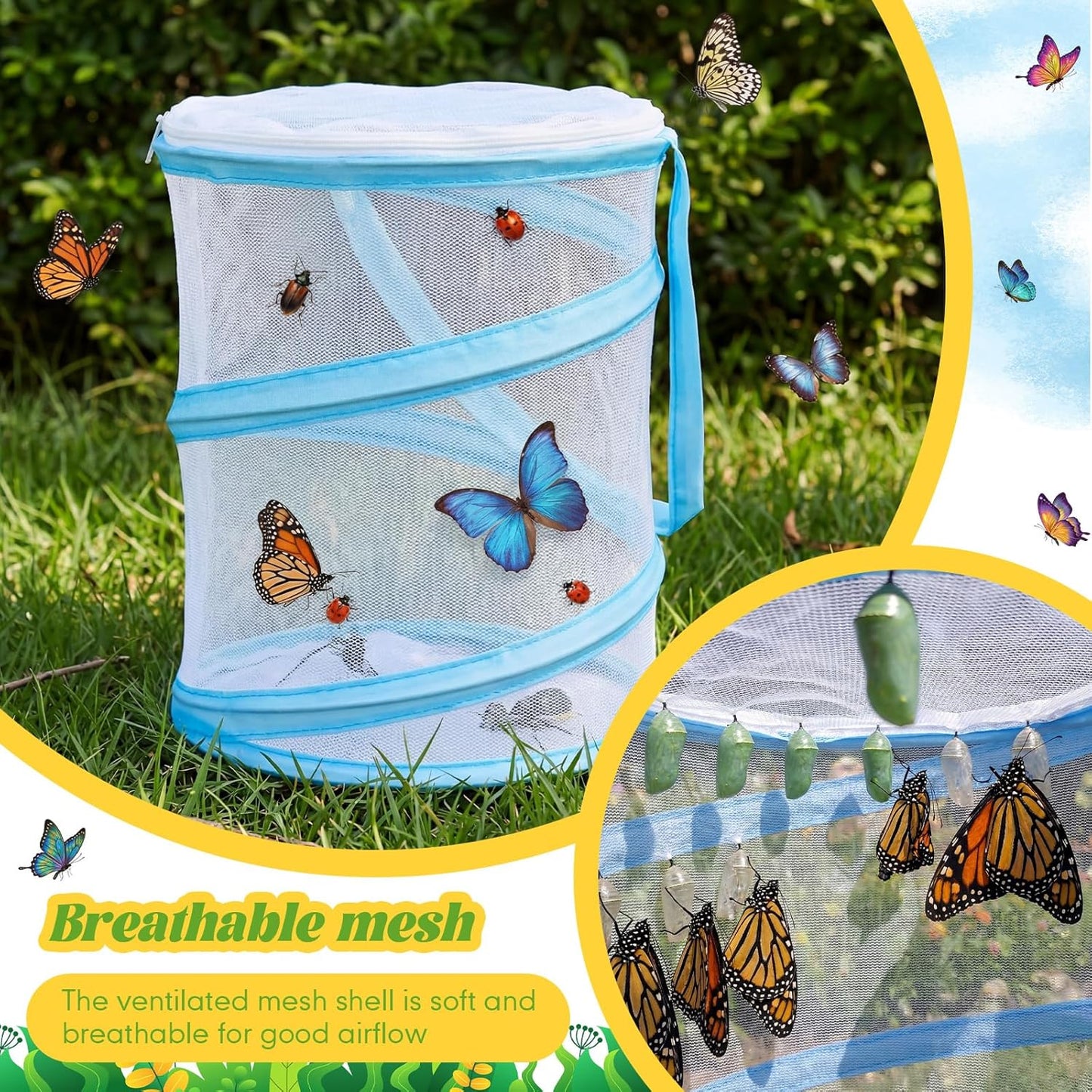 Sherr Mini Butterfly Habitat Cage Clear Mesh Butterfly Net Cage Container Foldable Terrarium, 6.2x7.1inch