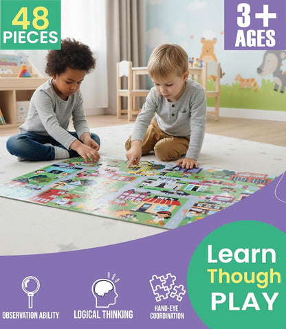 Floor Puzzles for Kids Ages 3-5 4-6 Educational 48 Piece Farm Animals with 2 Giant Coloring Posters Preschool Learning Toy Tractors Tools Barnyard Animals Screen Free Family Playtime
