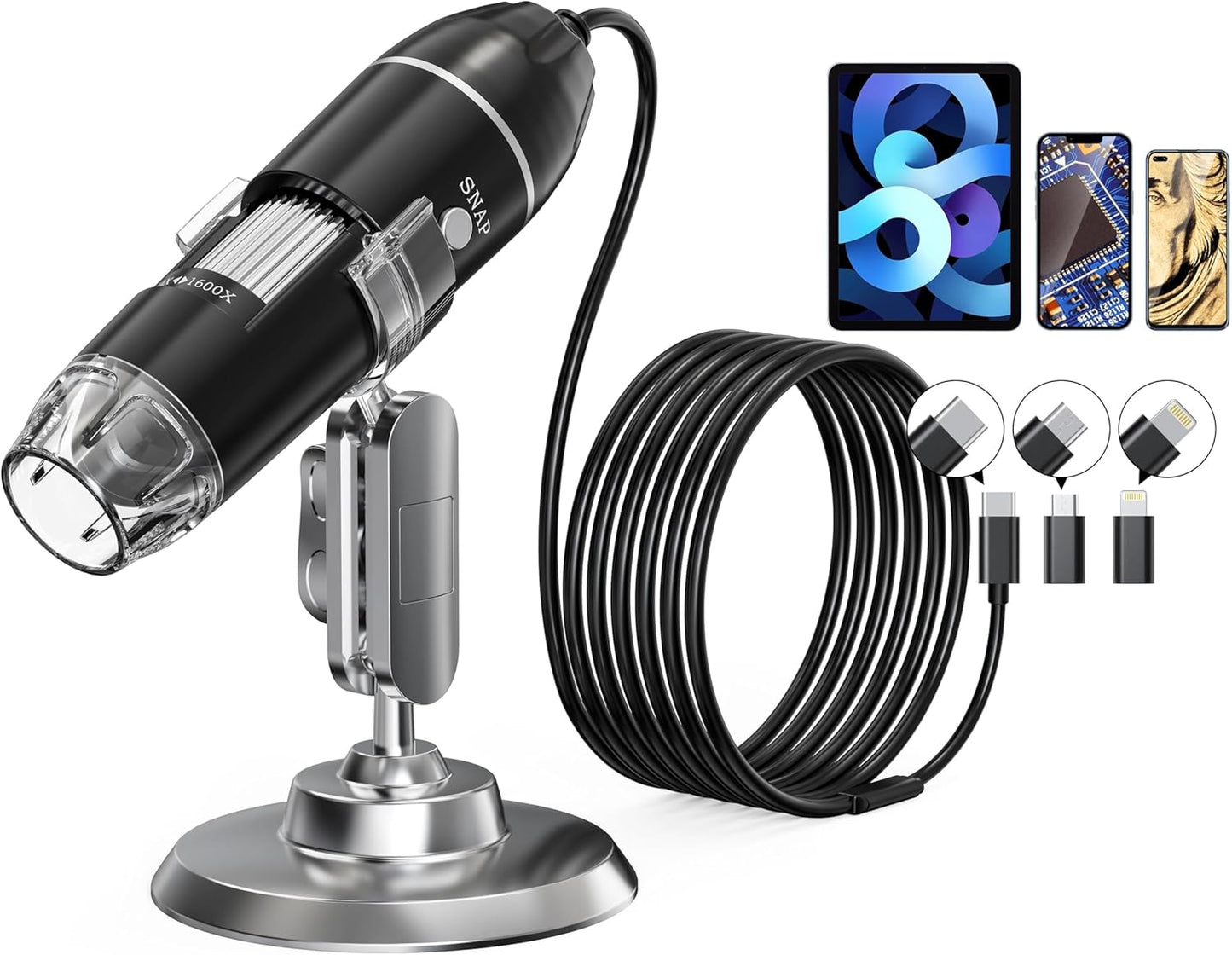 USB Digital Microscope, 50x-1600x Magnification Handheld, 1920P HD 8 LED Lights, Portable Pocket Microscope, Compatible with iOS and Android Devices, +2MP Magnifier Camera, No PC Support