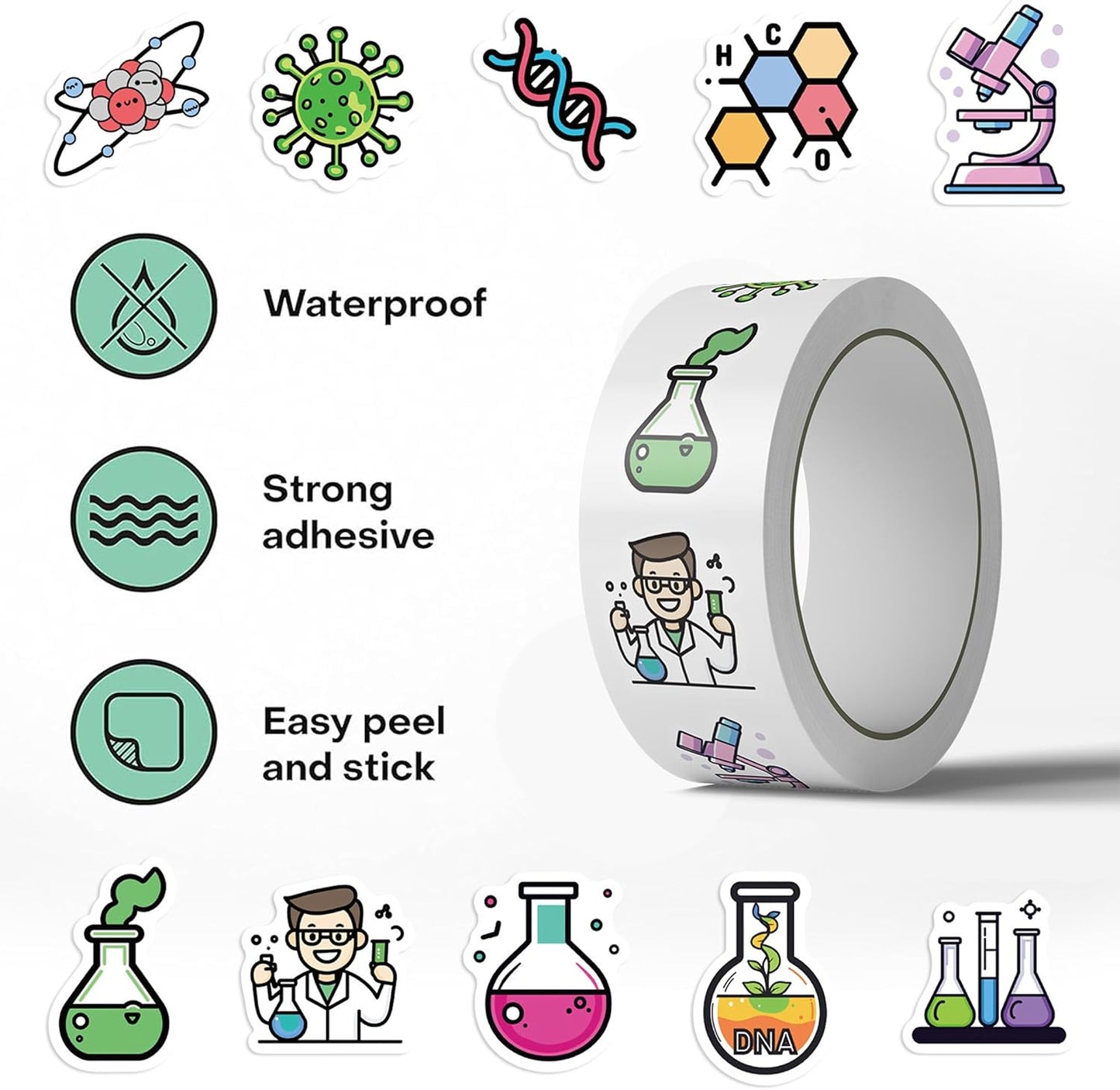 Chemistry Stickers Roll for Kids, Science Lab Experiment Stickers, 1000PCS 2 Rolls Chemical Lab Reward Labels, 10 Styles Classroom Teacher Supplies STEM Party Favors