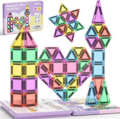 42-Piece Mini Magnetic Tiles Travel Set with Metal Storage Box - Portable STEM Building Blocks for Kids Ages 3-8, Montessori Educational Toys for Airplane & Car Rides, Gift for Boys & Girls